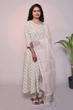 Off white floral motifs 3/4 slevee salwar suit with matching pant and printed dupatta