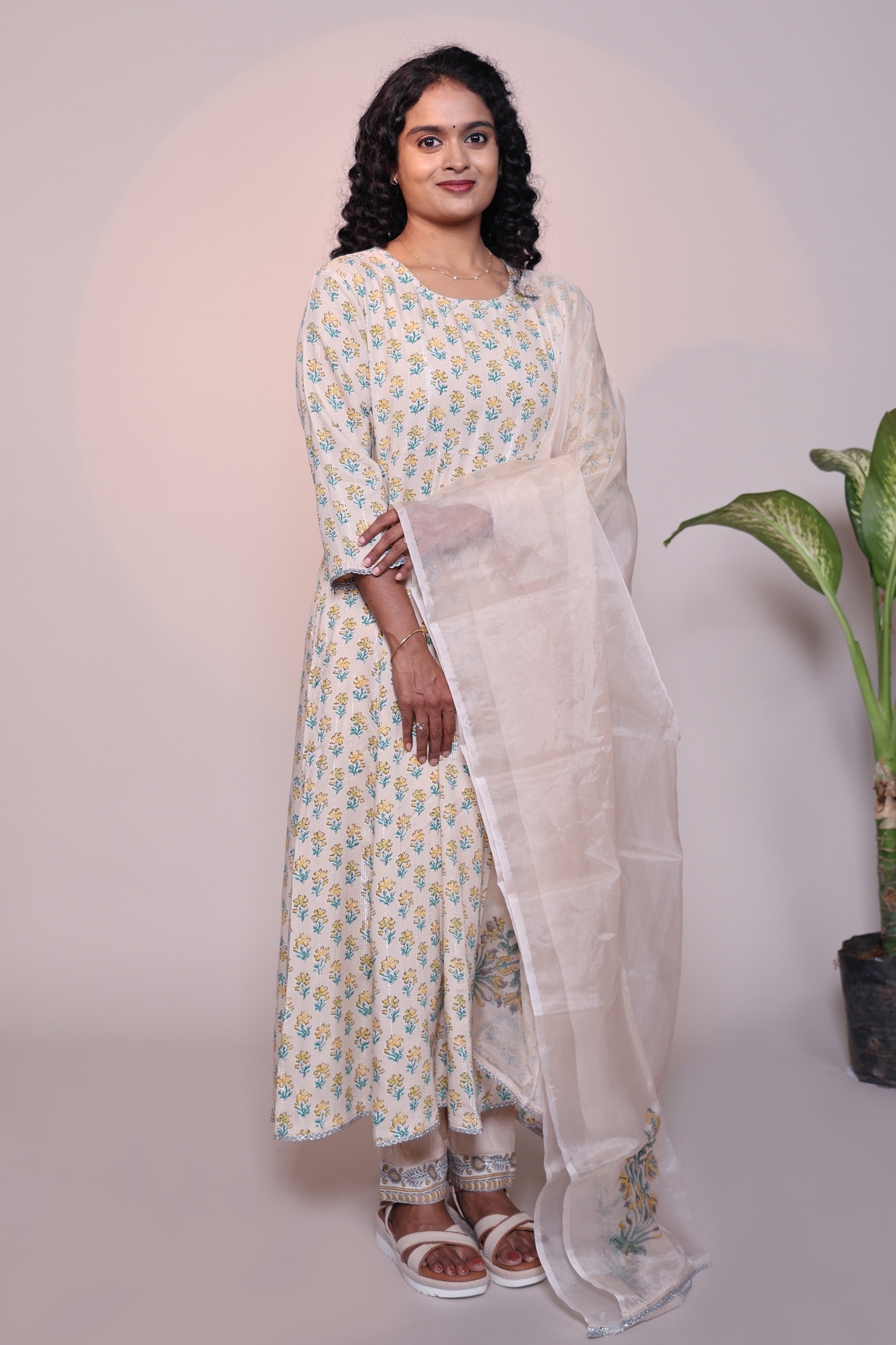 Off white floral motifs 3/4 slevee salwar suit with matching pant and printed dupatta