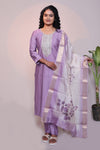 Lavender embroidery 3/4 slevee salwar suit with matching pant and floral printed dupatta