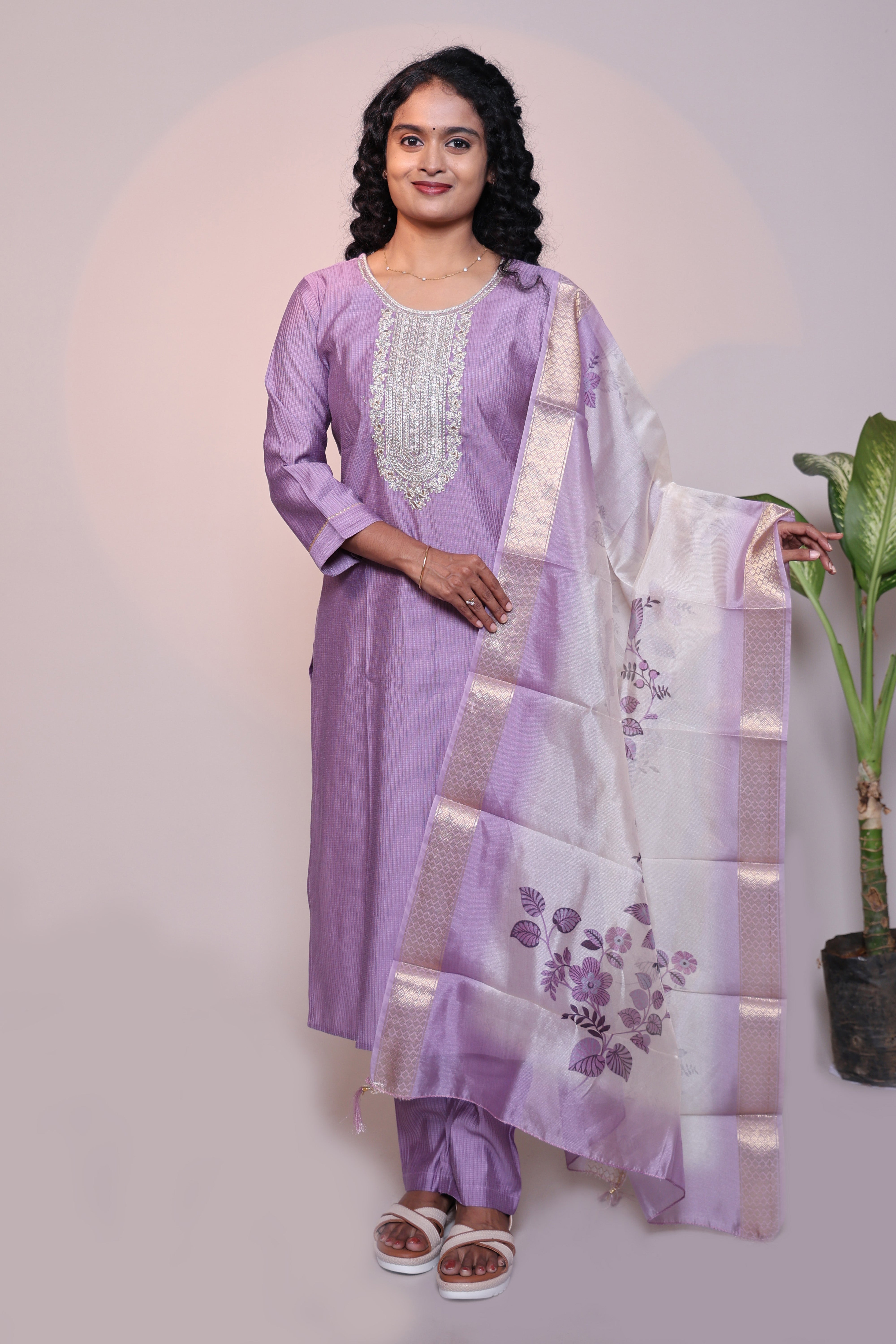 Lavender embroidery 3/4 slevee salwar suit with matching pant and floral printed dupatta