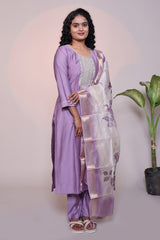 Lavender embroidery 3/4 slevee salwar suit with matching pant and floral printed dupatta
