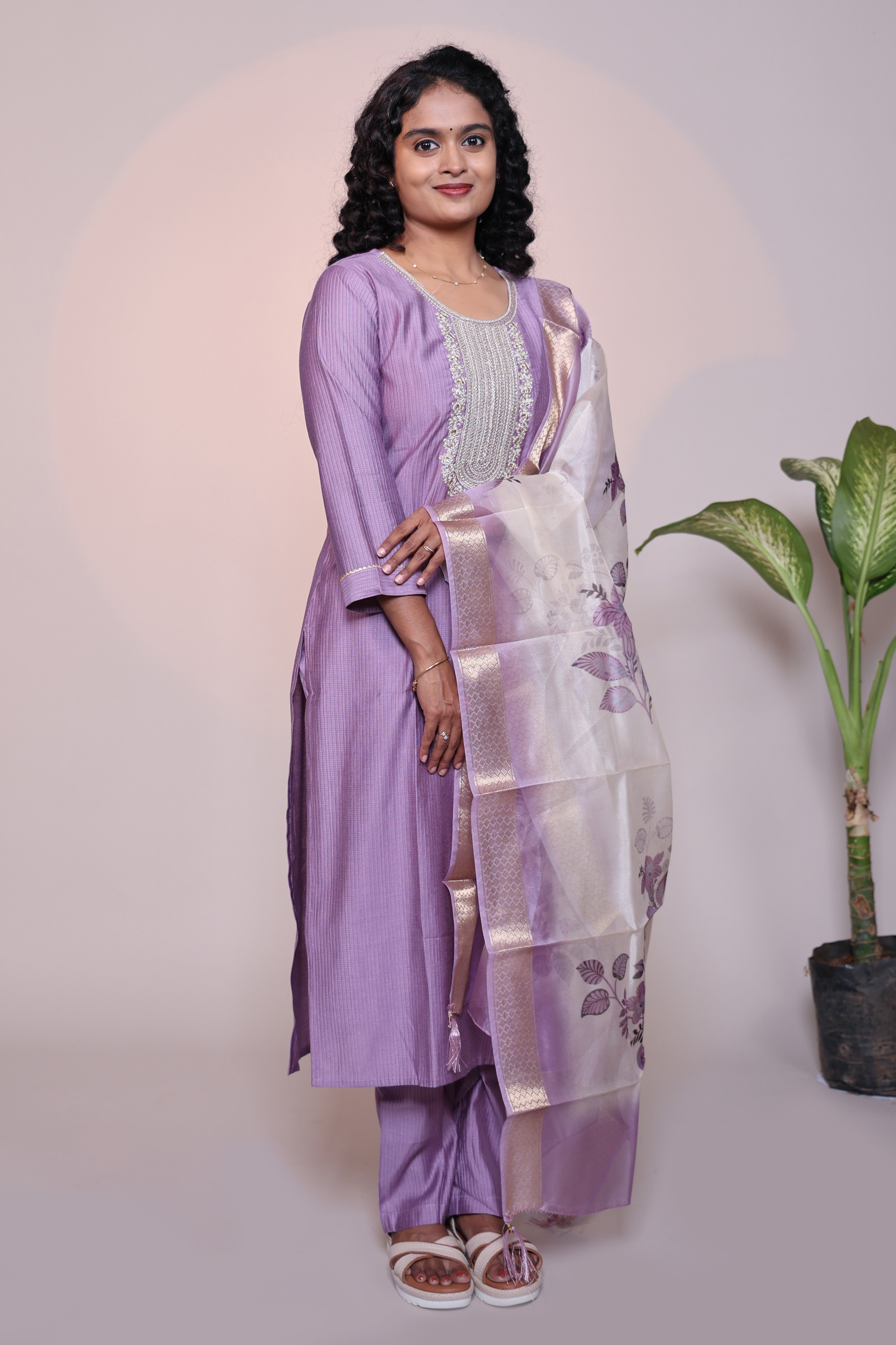 Lavender embroidery 3/4 slevee salwar suit with matching pant and floral printed dupatta