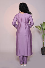 Lavender embroidery 3/4 slevee salwar suit with matching pant and floral printed dupatta