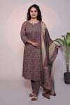 Brown floral motifs 3/4 slevee salwar suit with matching pant and printed dupatta