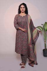 Brown floral motifs 3/4 slevee salwar suit with matching pant and printed dupatta