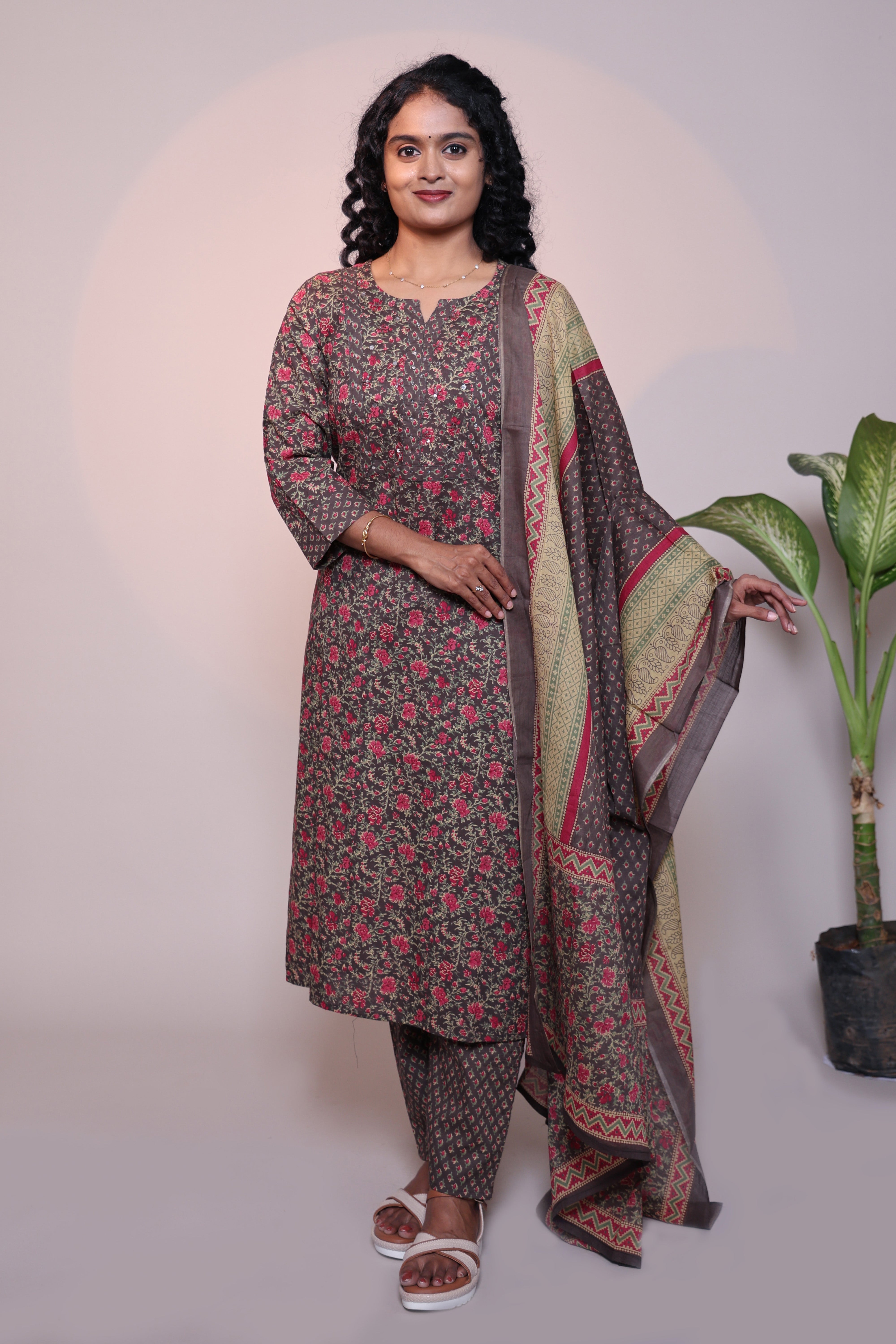 Brown floral motifs 3/4 slevee salwar suit with matching pant and printed dupatta