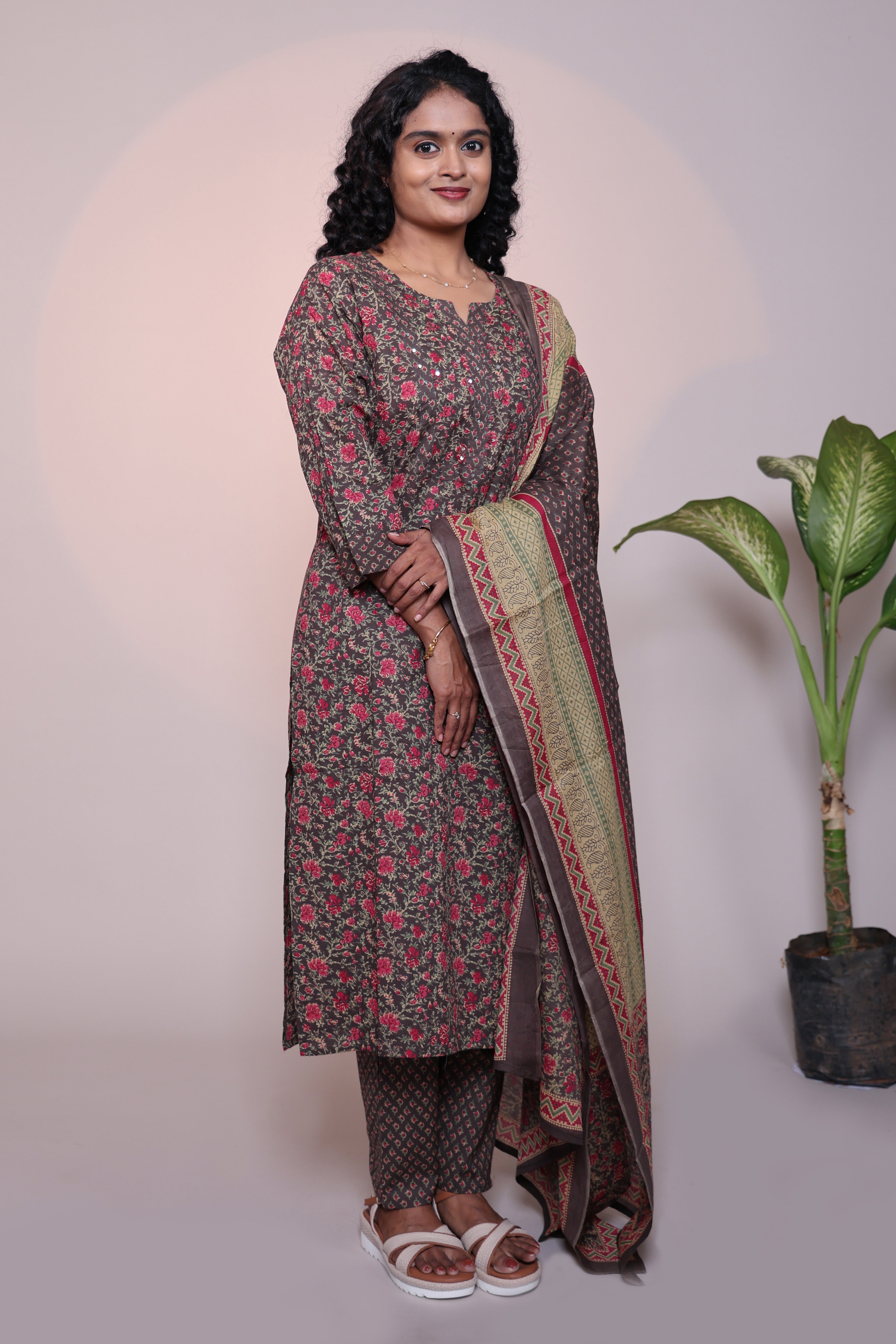 Brown floral motifs 3/4 slevee salwar suit with matching pant and printed dupatta