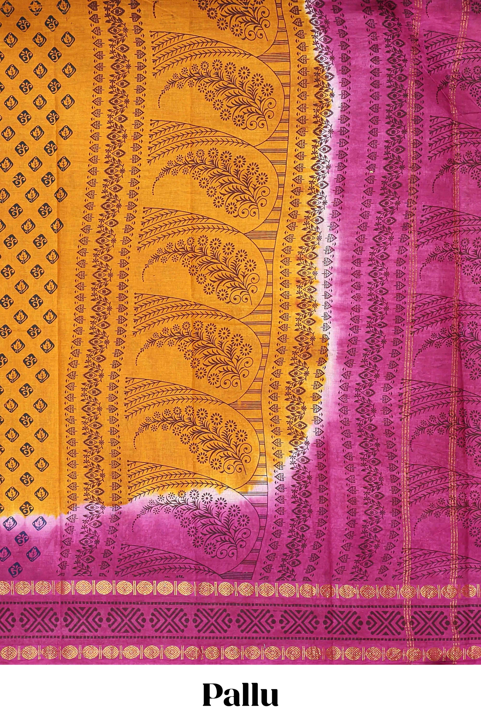 mustard block print saree