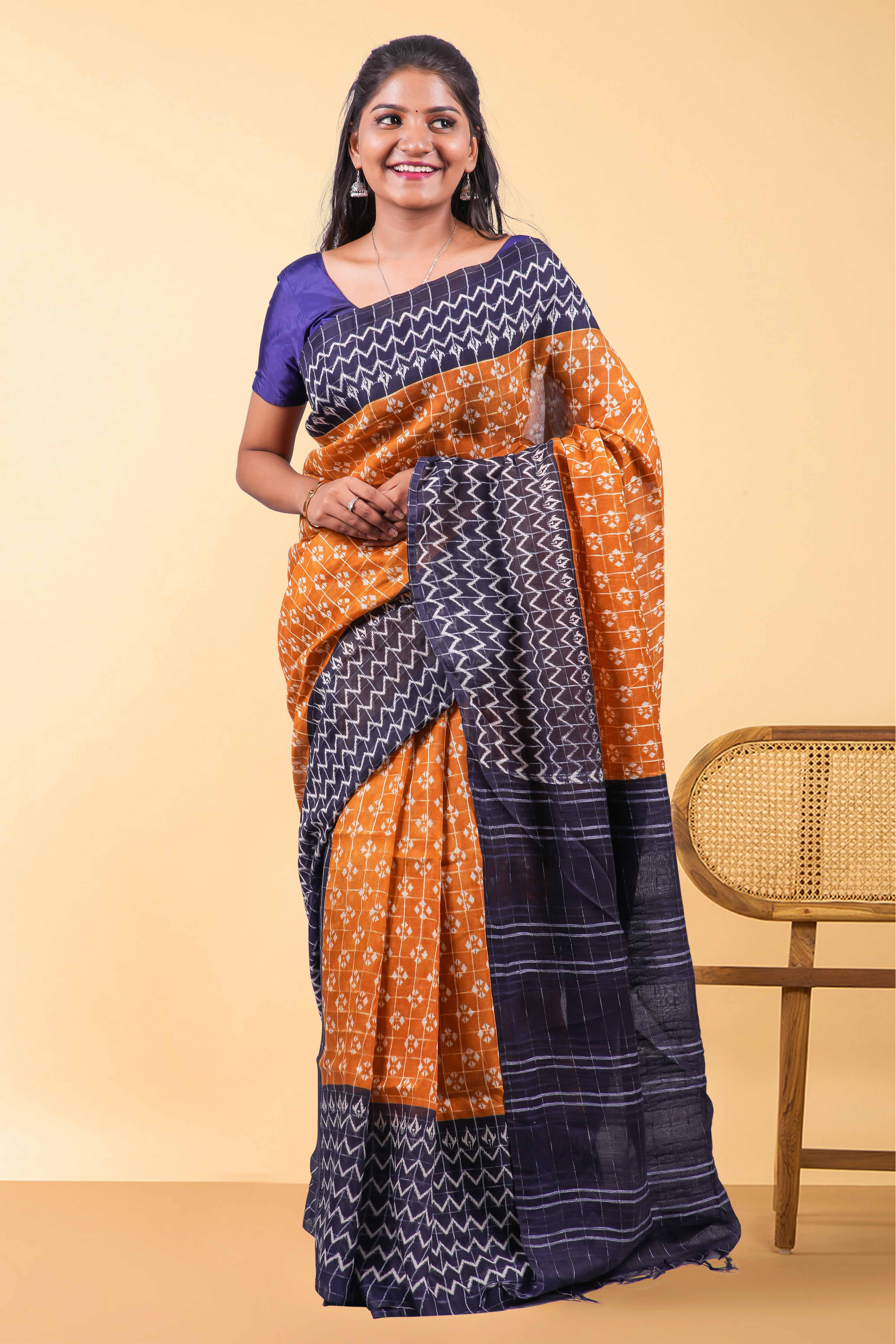 orange linen saree