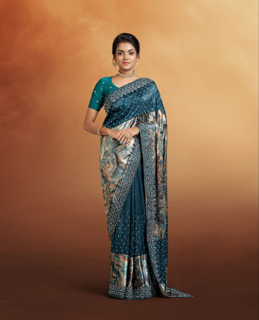 PEACOCK GREEN GEORGETTE SAREE WITH LACE AND STONE BORDER