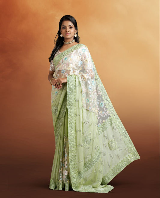 Light Green Rangoli Digital Organza Fabric saree with Embroidery work border