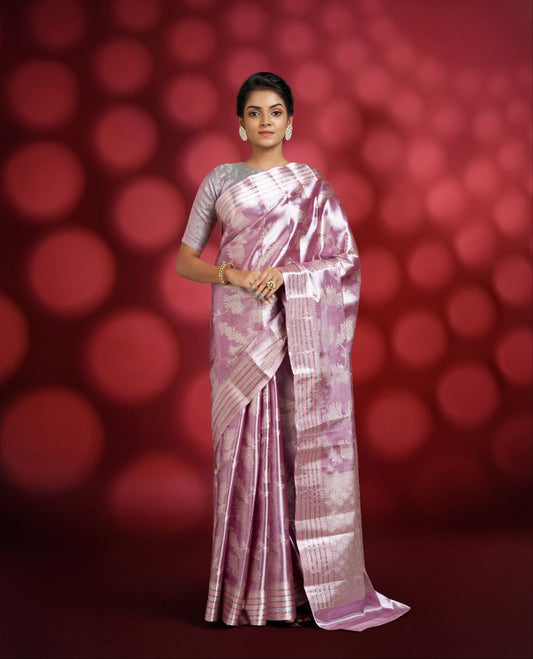 Purple Color Tissue Saree With Silver Color Floral Design