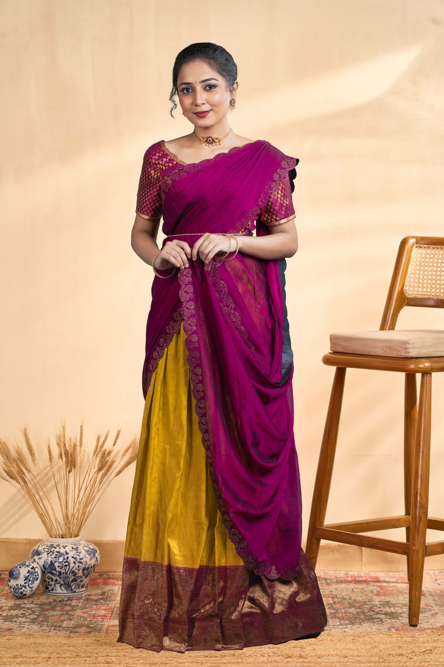 purple and yellow Half Saree