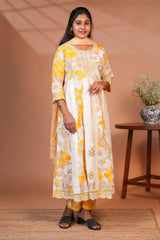 Yellow floral printed A line anarkali 3/4th slevee with round neck matching bottom