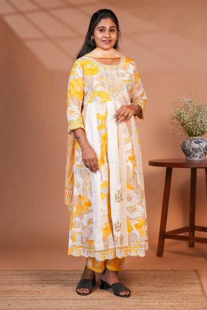 Yellow floral printed A line anarkali 3/4th slevee with round neck matching bottom