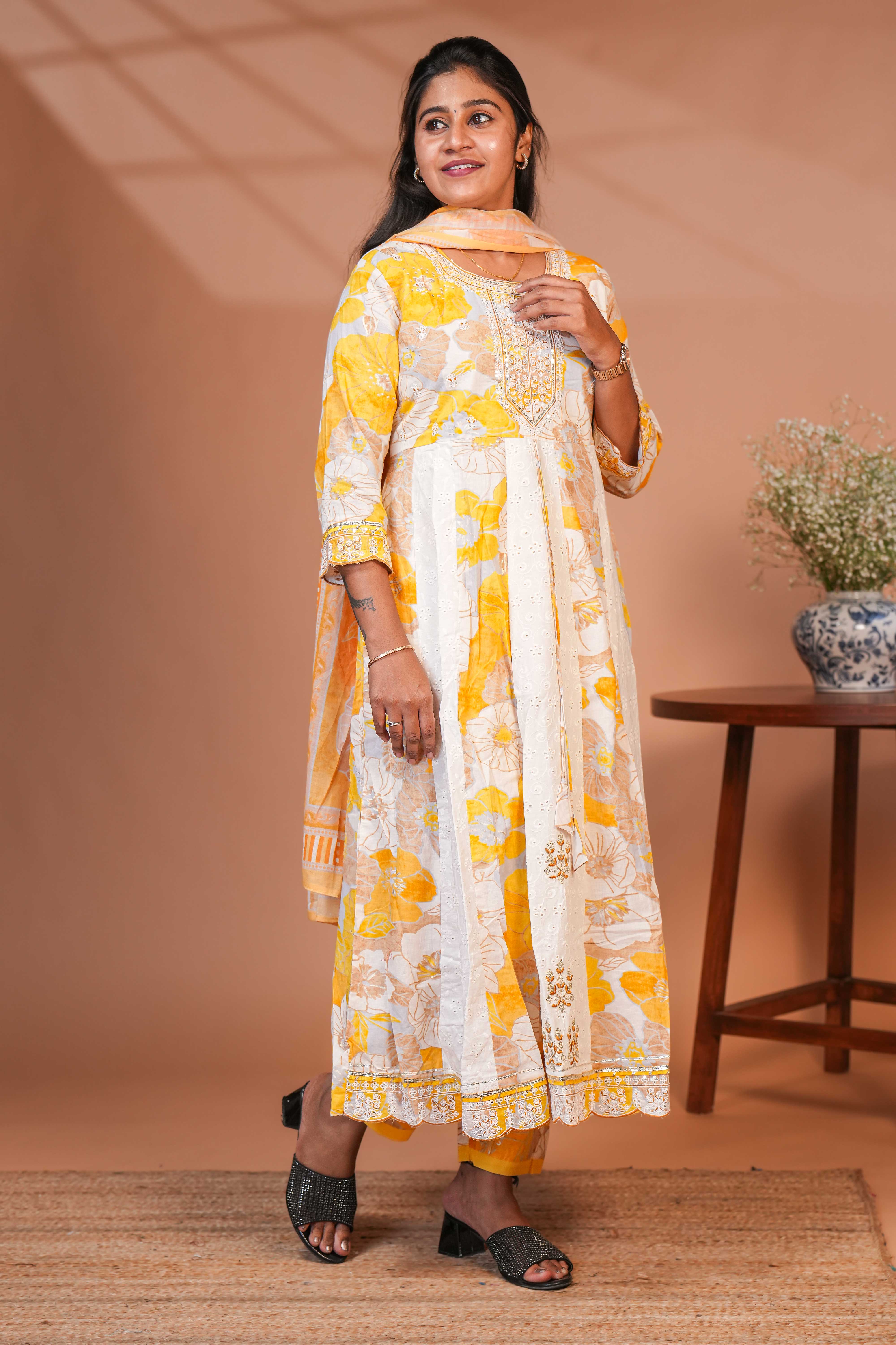 Yellow floral printed A line anarkali 3/4th slevee with round neck matching bottom