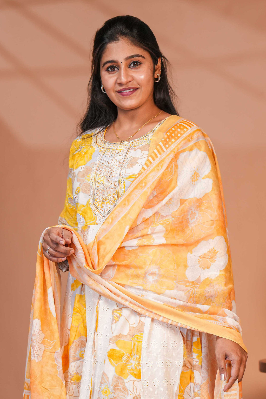 Yellow floral printed A line anarkali 3/4th slevee with round neck matching bottom