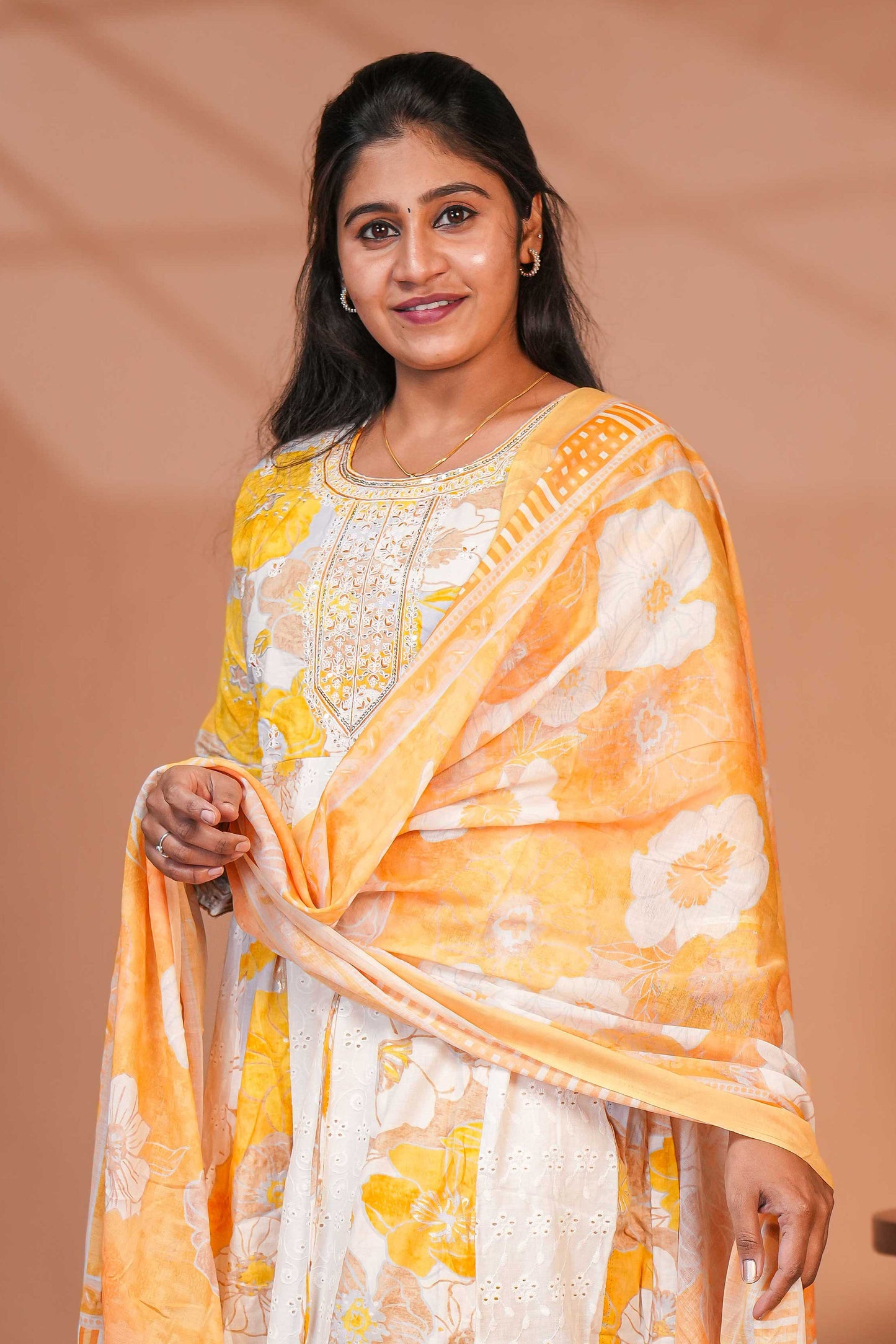 Yellow floral printed A line anarkali 3/4th slevee with round neck matching bottom