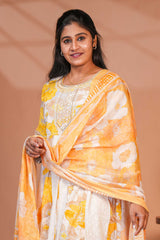 Yellow floral printed A line anarkali 3/4th slevee with round neck matching bottom