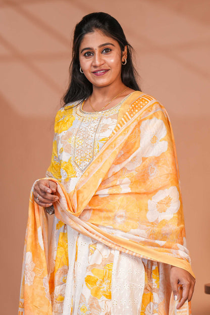 Yellow floral printed A line anarkali 3/4th slevee with round neck matching bottom