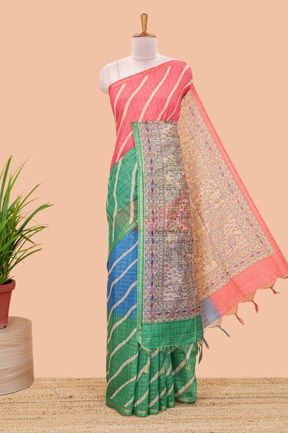 teal chanderi cotton leheriya print saree with madhubani pallu