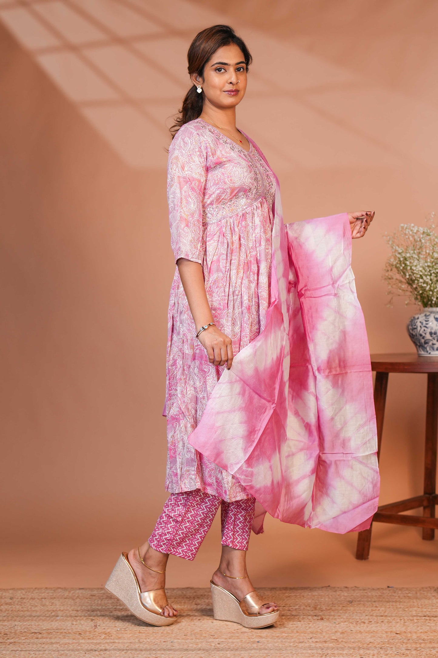 Pink embroidery floral design A line anarkali with self bottom and matching dubatta