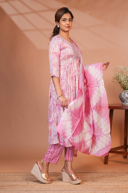 Pink embroidery floral design A line anarkali with self bottom and matching dubatta