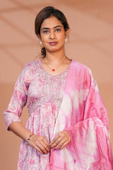 Pink embroidery floral design A line anarkali with self bottom and matching dubatta