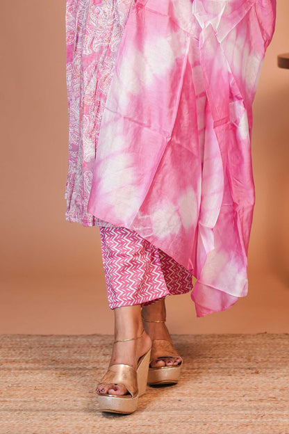 Pink embroidery floral design A line anarkali with self bottom and matching dubatta