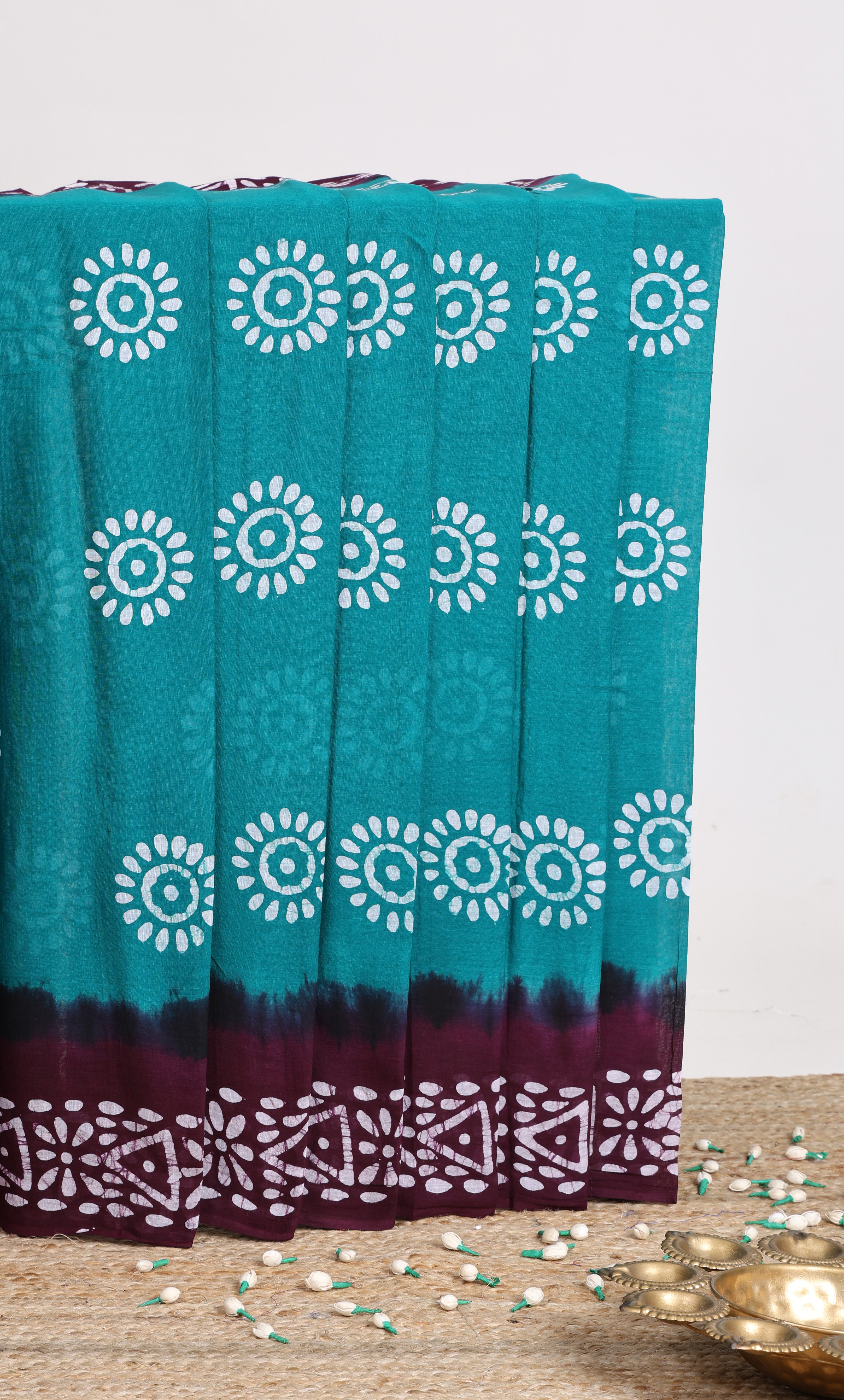 turquoise batik print saree