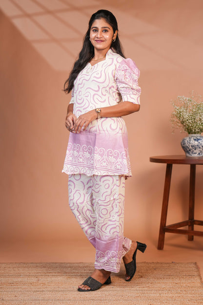 Cream swirl design queen anne neck salwar set with puff sleeve, self printed bottom