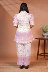 Cream swirl design queen anne neck salwar set with puff sleeve, self printed bottom