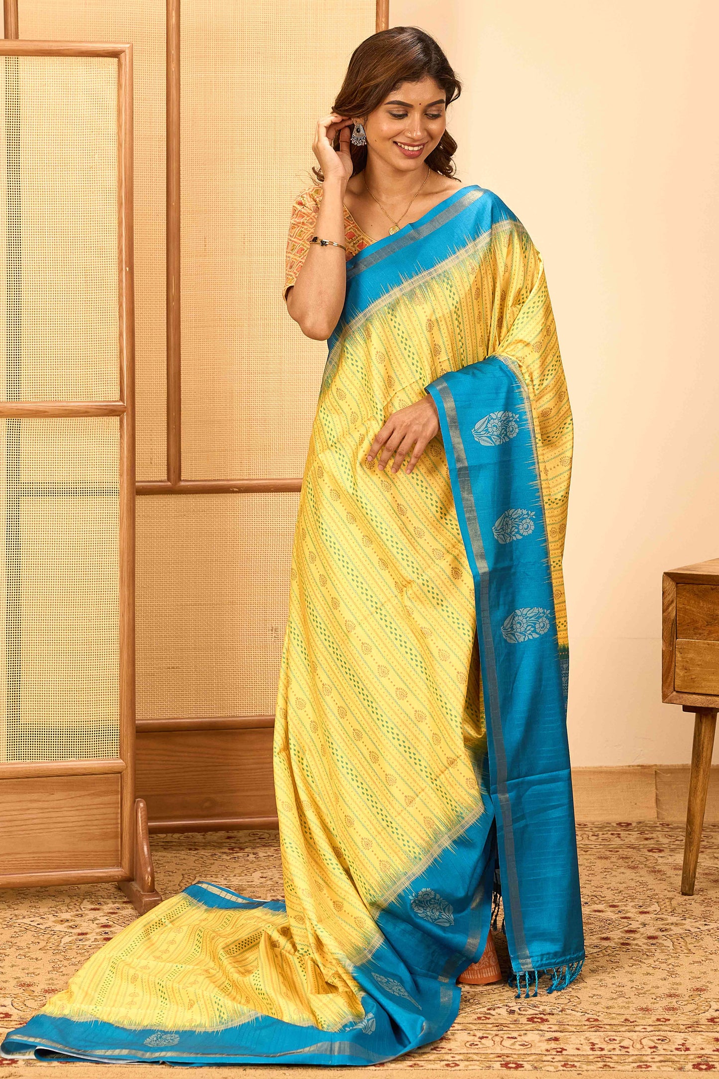 yellow and blue color saree