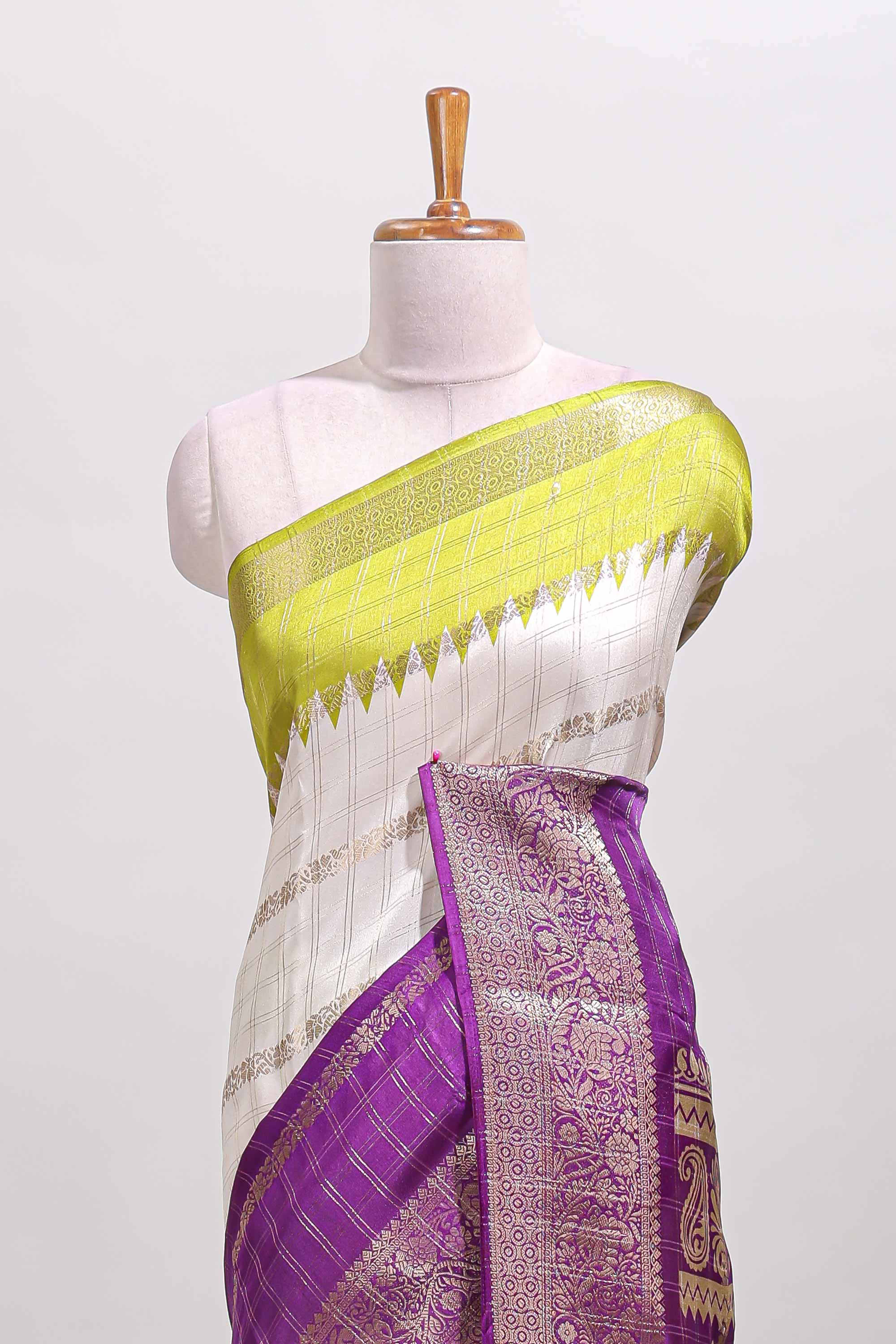yellow and violet color dola silk ethnic saree